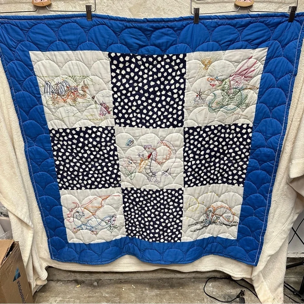 Vintage Hand stitched dragon quilt whimisical fairytale blanket